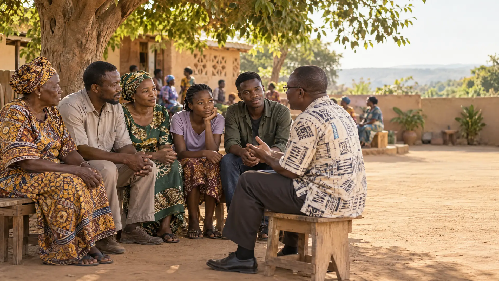 Community members of different ages sit together under a shady tree, listening to a man speaking with them.