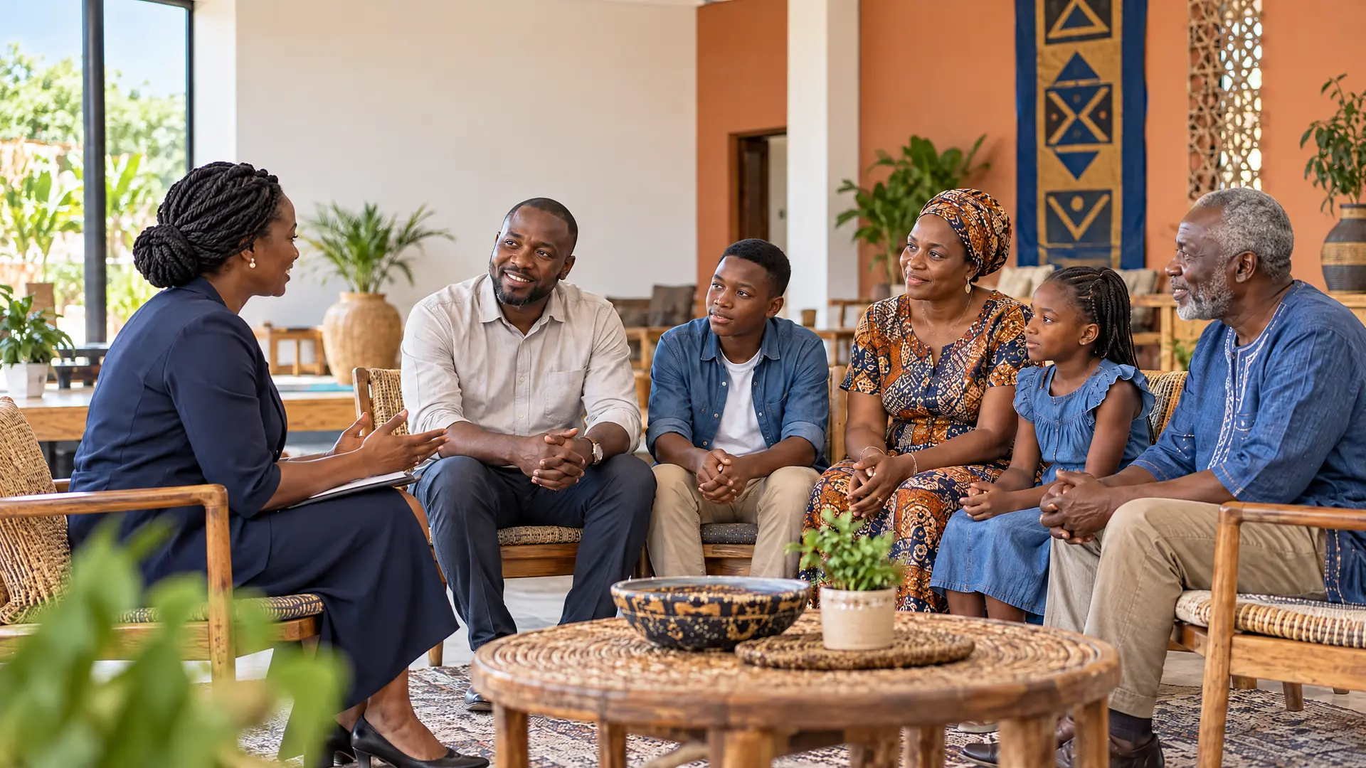 A woman in a navy suit talks with a smiling family of three generations seated in a sunlit room.